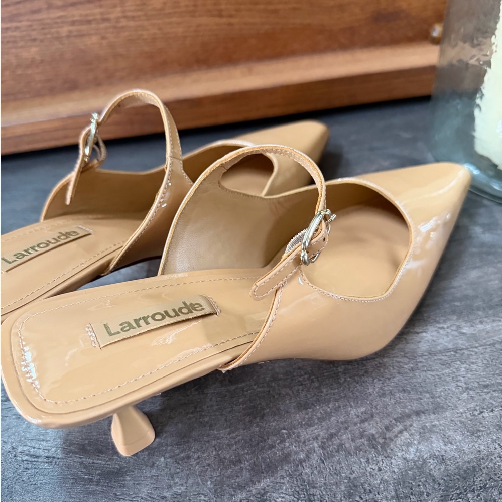 Larrroude nude patent leather slingback kitten heels
